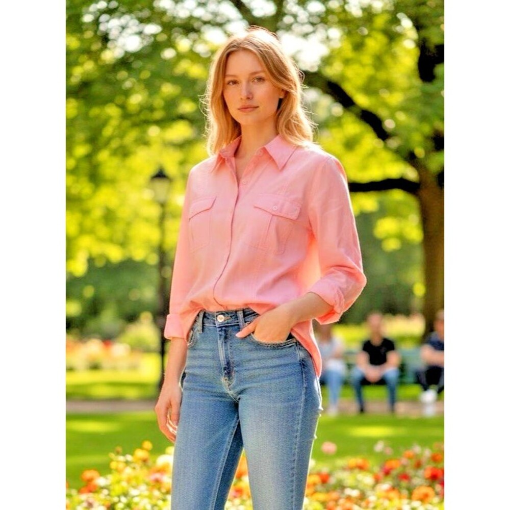 Tommy Bahama womens NEW! lightweight pink button pocketed shirt sz 14 preppy
